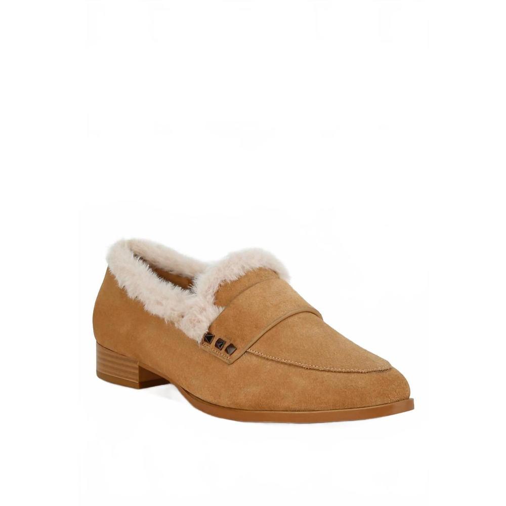 NEW RAG COMPANY women's allie fur trim suede loafers in beige